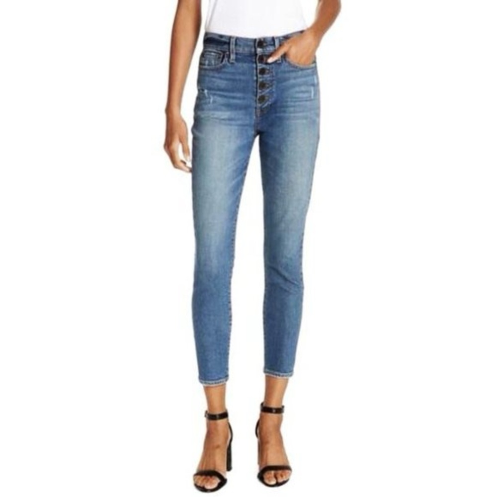 AO.LA Alice & Olivia Good High Rise Exposed Button Fly Skinny Jean in Long Shot.